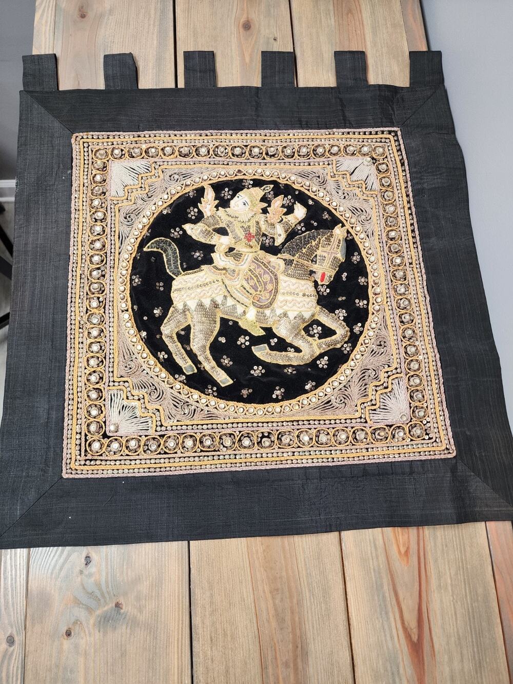 Vintage Thai Burmese Kalaga Tapestry Embroidered Warrior Sequins Wall Hanging